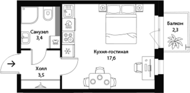 . Вариант № 7829723, 0, площадь - 24.51 квм, цена 5544000 рублей