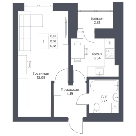 Купить однокомнатную квартиру в ЖК Актив (Новосибирск) в Новосибирске. Вариант № 10031171, 0, площадь -  квм, цена 7984000 рублей
