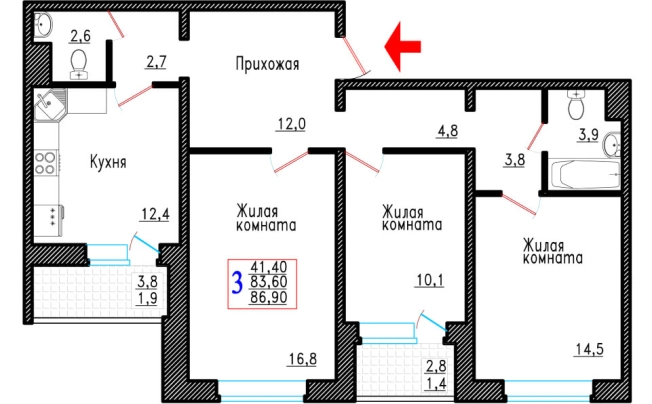 Купить трехкомнатную квартиру в ЖК Дом Энергетика в Воронеже. Вариант № 86119, 0, площадь -  квм, цена 6971000 рублей