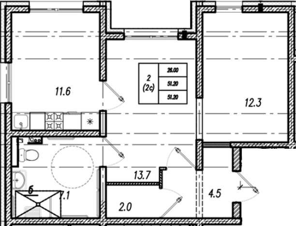 . Вариант № 9635198, 0, площадь - 51.2 квм, цена 8047513 рублей