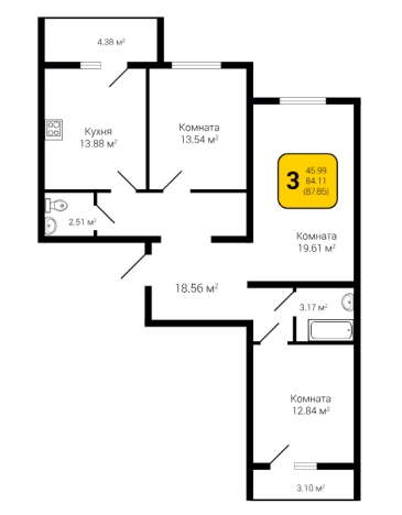 Купить трехкомнатную квартиру в новостройках в Воронежской области. Вариант № 1166704, 1, площадь -  квм, цена 9224950 рублей