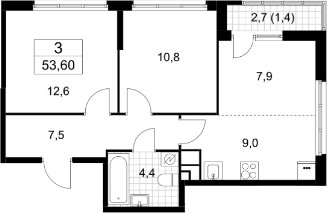 . Вариант № 3951419, 0, площадь - 52.2 квм, цена 11588679 рублей